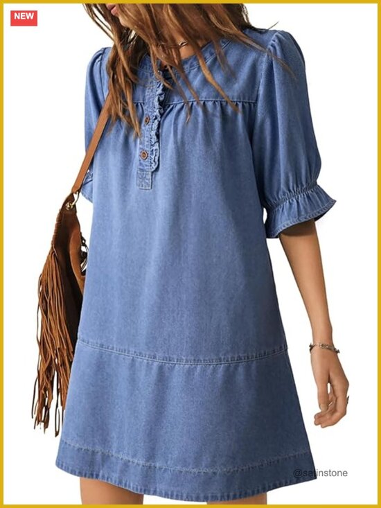 Dresses & Skirts - Denim Babydoll Dress Flare Short Sleeve Button Front Ruffle Cuff A-Line Mini